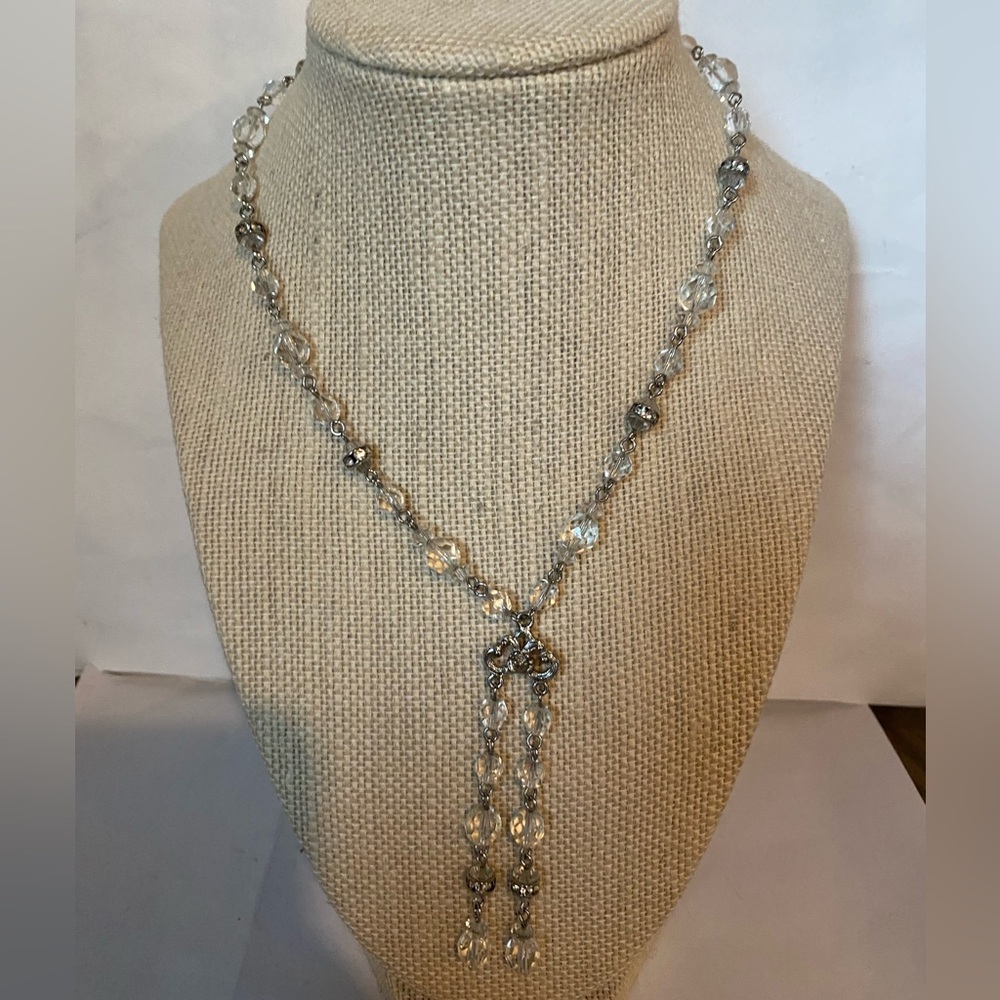 Olci brand Clear Beaded Lariat Y-Drop Necklace 16" Vintage Silver Tone Jewelry
